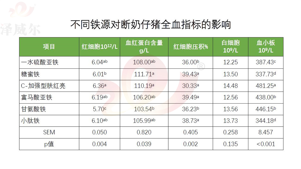 不同飼料添加劑鐵源對斷奶仔豬全血指標的影響